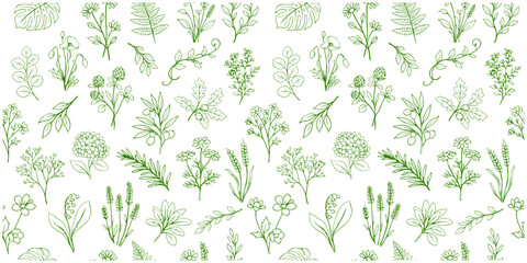 Obraz premium 線画ボタニカル植物のシームレス背景パターン（グリーン） / Botanical Line Art Seamless Pattern
