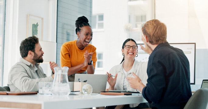 Group, applause and team with laptop, office and high five for campaign performance and celebration. Clapping, people and excited for digital marketing success, laughing and brand awareness in agency