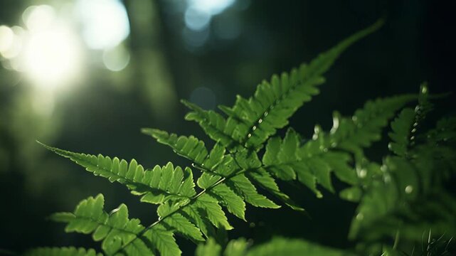 Green fern frond captures vibrant sunlight, creating strong contrasts and a natural, fresh, and serene forest atmosphere with soft bokeh light in the background