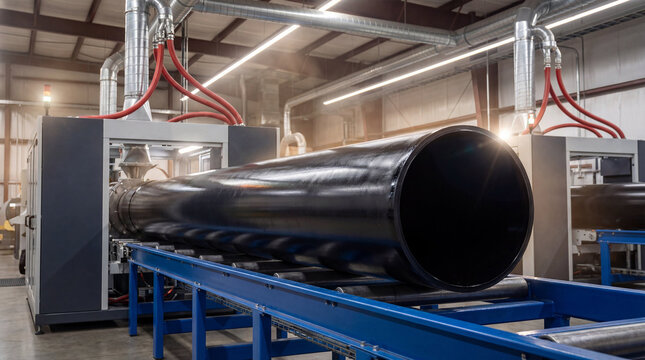 Large black polyethylene pipe emerging from an industrial Cincinnati Milacron extrusion machine on a conveyor belt in a modern manufacturing facility