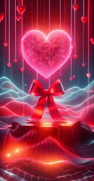 Neon Heart with Ribbon Bow, Valentine&rsquo;s Day Romantic Background