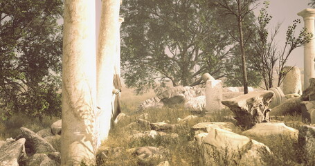 Naklejka premium sunlit stone columns among ruins scattered mosaic fragments and overgrown vegetation ideal for archaeologist field study evocative heritage scene with textured