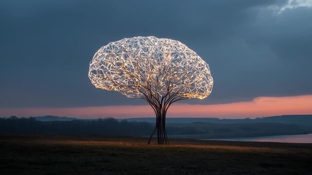 Silhouette man watering tree shaped like brain concept. Mind nourishment concept man watering brain tree growth idea.