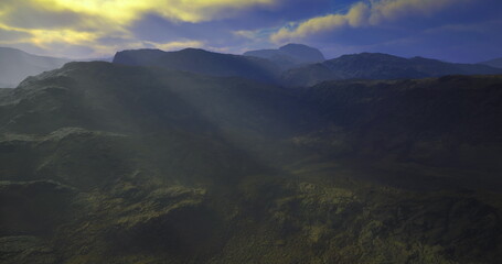 Fototapeta premium golden rays piercing rugged valley floor with warm sunlight highlighting vegetation and rocky slopes, ideal for ecology fieldwork and conservation storytelling,