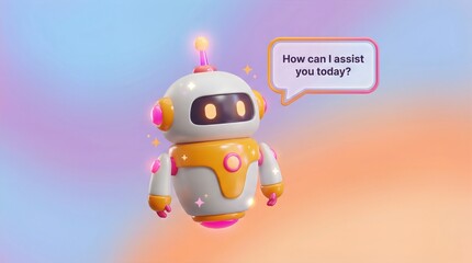 Naklejka premium 3D illustration of a friendly robot assistant with a speech bubble asking, 
