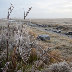 Tundra Web A spider web in a cold barren tundra adding to the se