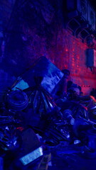 neon lit alley piled garbage bags, shadowy figure rifling through waste under blue magenta light,...