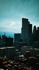 Fototapeta premium Distant skyline along harbor under teal dawn sky with calm waterfront, misty atmosphere and layered buildings form soft silhouette, cinematic cool tones