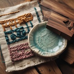 Visual elements that mimic handcrafted items like embroidery pot