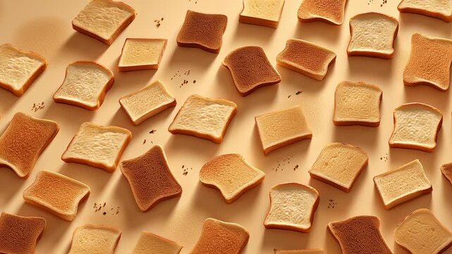 Slices of toasted bread create an artistic arrangement against a soft background. Each piece showcases unique textures and warm colors, enhancing the cozy atmosphere of the space