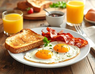 A sunny-side-up breakfast plate on a wooden table