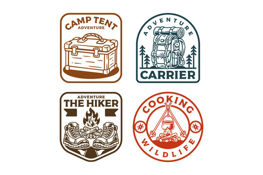 Camping and outdoor equipment retro badge patch illustration logo design set with boots, campfire, cook utensils, box storage, carrier bag for adventure, hiking, mountaineering