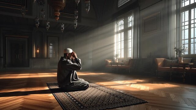 In a tranquil mosque filled with soft light, a devoted individual kneels in prayer. The peaceful atmosphere invites deep reflection and connection to faith