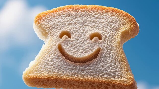 A slice of white bread with a joyful smile glides through the air, showcasing its cheerful character against a backdrop of fluffy clouds. The bright sky enhances its playful appearance