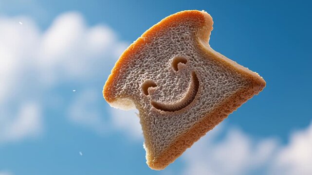 A cheerful slice of white bread grins with a playful smile as it hovers joyfully in the brilliant blue sky. Fluffy clouds drift lazily behind, creating a whimsical scene
