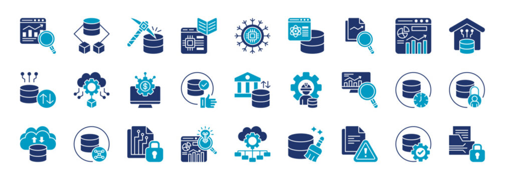 data driven icon set collection in glyph duotone style. icon set consist of analytics, big data, data mining, machine learning, ai, data science icon