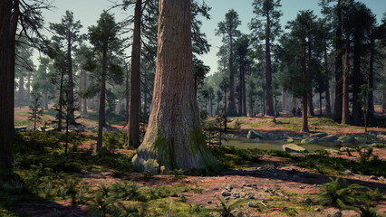 Vibrant forest clearing with sunlit undergrowth and ferns, green meadow patches and diverse flora, lively habitat with insects and soil textures, ideal