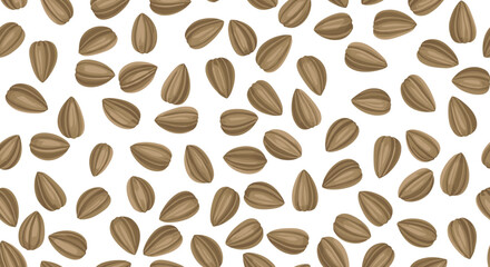 Obraz premium Seamless pattern with many hand drawn sunflower seeds scattered in different orientations on a white background for food themes.