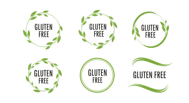Set of green gluten free labels decorated with delicate leaf wreaths and circular frames for healthy food packaging and branding.