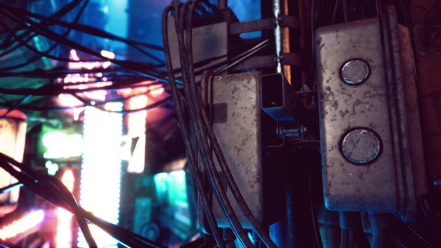 tangled cables around electrical junction box with neon reflections, exposed wiring and metal conduit, closeup of sockets and panel suggesting repair