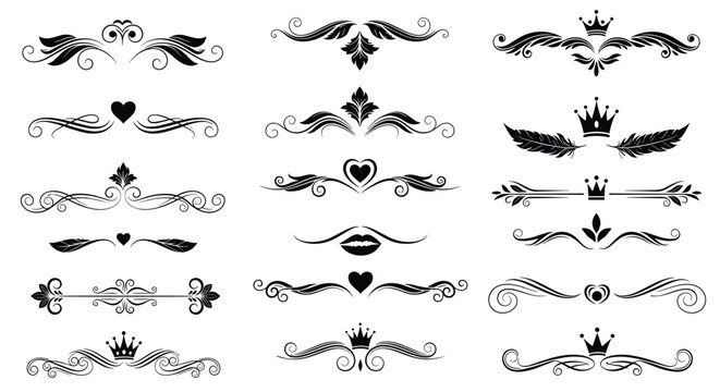 Assorted black decorative dividers and ornaments featuring swirls, crowns, hearts, and floral motifs for vintage style design.