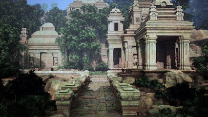 Obraz premium Sunlit temple courtyard stone steps lead. Pilgrim performing morning ritual among carved pillars and verdant canopy, warm sunlight highlighting ornate reliefs