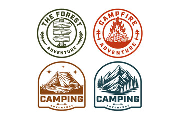 Obraz premium forest signpost, campfire flames, camping tent, mountain landscape retro badge logo design set for outdoor campsite, adventure, exploration, survival. Vector illustration