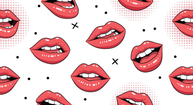 Seamless pattern of comic style female lips with red lipstick and white teeth on a white background with dots and crosses.