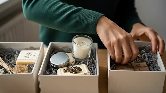 Small business owner packing online order at home