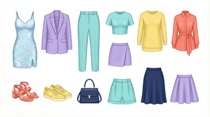 Naklejka premium Collection of colorful clothing items including dresses, tops, pants, skirts, shoes, and a handbag arranged on a white background for fashion design inspiration