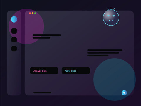 "A sophisticated digital dashboard utilizing a dark-mode glassmorphism aesthetic. The layout is clean and futuristic, featuring vibrant neon accents in cyan, magenta, and yellow. Elements include 