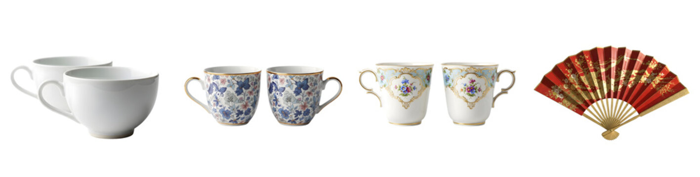 Elegant collection of assorted porcelain cups and a red fan on a transparent background