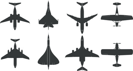 Top-down silhouettes of eight aircraft including jets, airliners, propeller planes, black illustration for aviation design, layout, reference