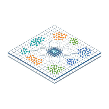 Internet of things mesh network on chip, tech expo illustration, edge devices grid, sensor nodes, connectivity workshop session banner graphic