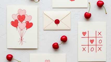 Valentine's Day card flat lay with hearts, envelope, and cherries on a white textured background.