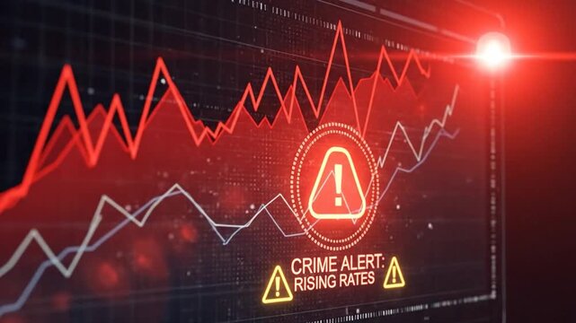 Digital graph showing rising crime rates and red warning alert.