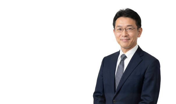 Senior Japanese manager in suit with glasses, isolated on white background, png