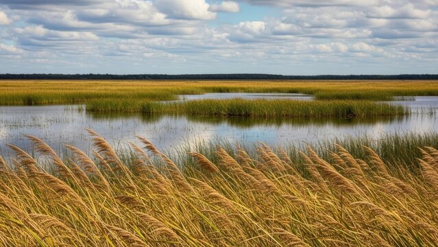 Golden marsh grass sways in the breeze across a tranquil wetland with a blue sky and fluffy clouds.