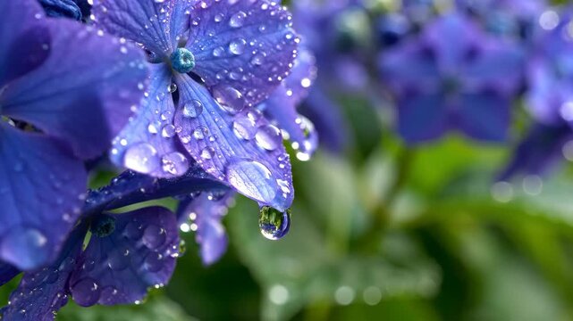Close-up of a purple hydrangea flower with water droplets after rain.