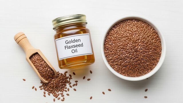 Golden flaxseed oil and flaxseeds in a bowl and scoop