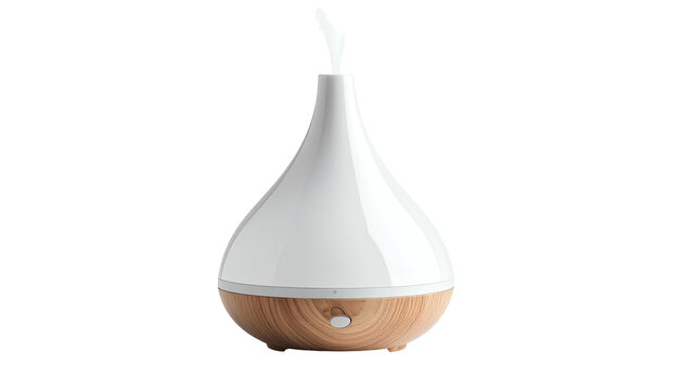 Pear-shaped essential oil diffuser with wood base, misting, isolated on black