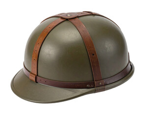 Vintage olive drab helmet with brown leather straps