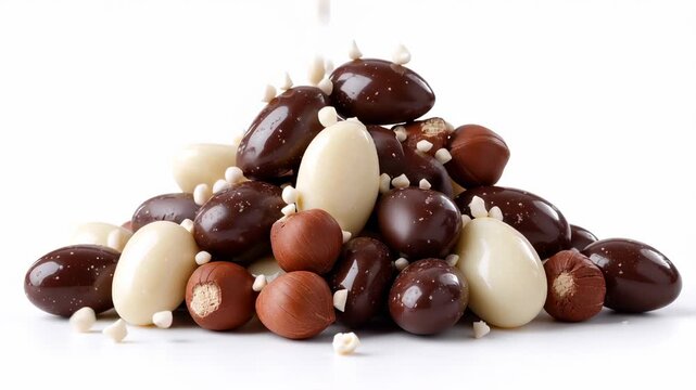 A beautiful assortment of glistening sugared almonds and crunchy hazelnut dragees rests playfully in a colorful mound, showcasing their glossy finishes under gentle light, inviting indulgence