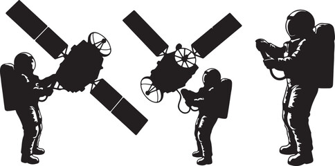 Black and white space exploration silhouettes of astronauts floating, planting flags, operating satellite, and a rocket launching in space © Israt