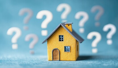 Yellow house with many question marks in the background