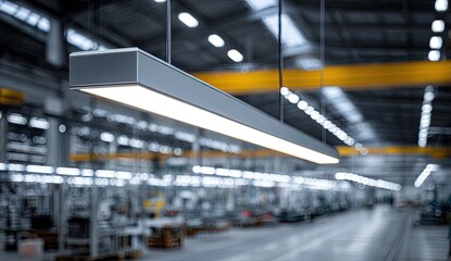 Industrial factory interior with bright overhead lighting and blurred machinery
