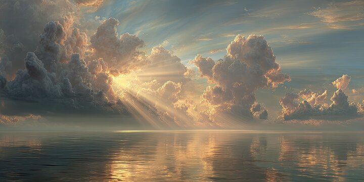 Sunbeams pierce dramatic clouds over calm ocean at sunrise
