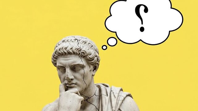 Marble statue with thought bubble on yellow background