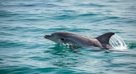 Obraz premium A graceful dolphin emerges from the clear blue ocean water, creating a splash with its powerful tail fin as it swims.
