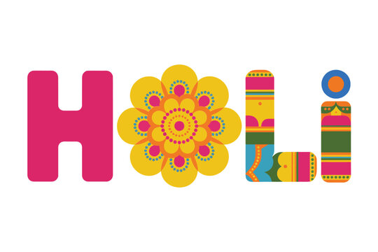 Holi colorful typographic logo with mandala flower and pattern details, Indian spring festival design, gulal powder celebration badge vector